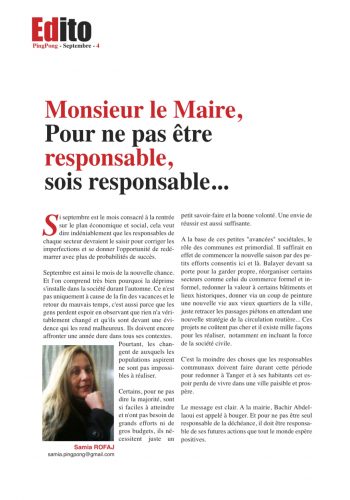 Magazine Ping Pong – Edito du mois de septembre – Monsieur le Maire, pour ne pas être responsable, sois responsable… mois de septembre