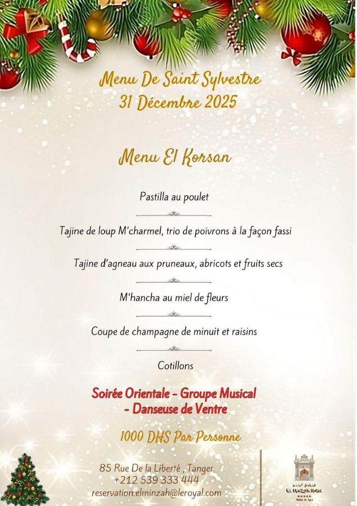 Menu du restaurant marocain El Korsan à l’El Minzah Hotel, pour un dîner traditionnel et raffiné de la Saint-Sylvestre.