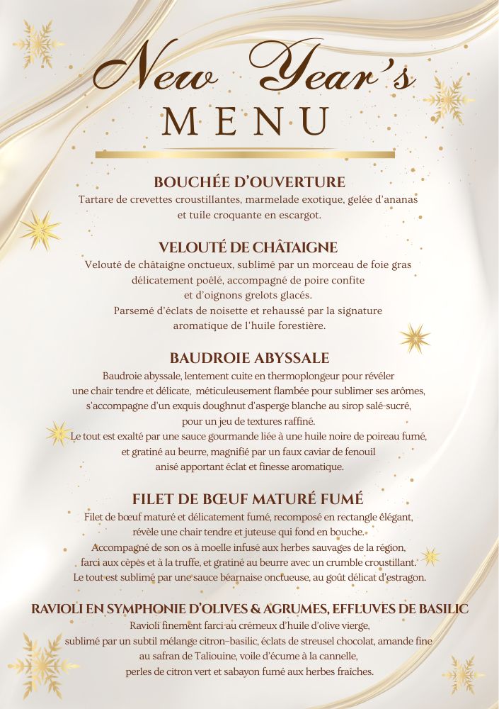Visuel du menu gastronomique du réveillon 2026 au Royal Tulip, présentant les plats créatifs signés par les chefs.