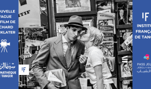 Affiche de la projection du film Nouvelle Vague de Richard Linklater à la Cinémathèque de Tanger proposée par l’Institut français de Tanger avec les logos de l’IFT et de la Cinémathèque