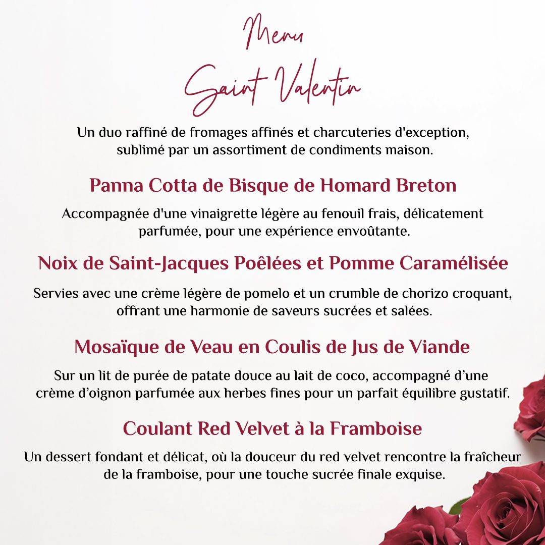 Contenu du menu du dîner de la Saint-Valentin au Farah Tanger hotel 