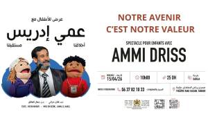 Ammi Driss, une légende des médias pour enfants au Théâtre Riad Sultan Affiche du spectacle d’Ammi Driss au Théâtre Riad Sultan le 15 avril 2026, spectacle interactif pour enfants.