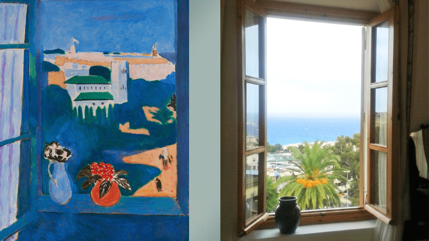 Fenêtre de la chambre 35 du Grand Hôtel Villa de France à Tanger et tableau de Henri Matisse inspiré du lieu