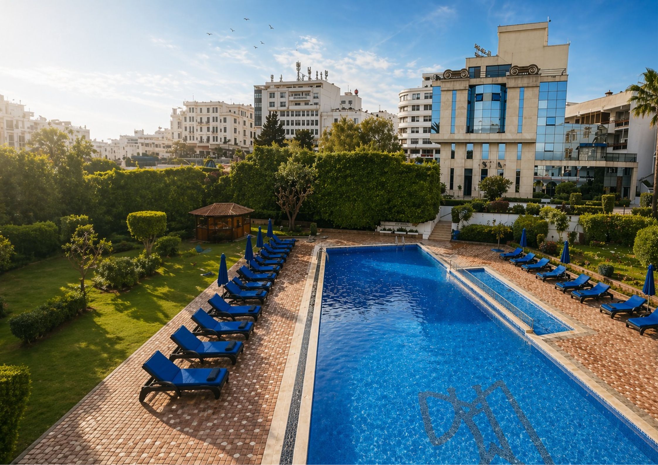 Espace piscine de l’Hôtel El Minzah à Tanger aménagé pour accueillir une fan zone dans un cadre verdoyant