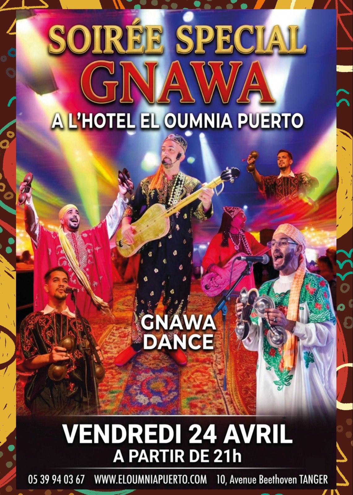 Affiche format portrait de la soirée Gnawa du 24 avril 2026 à El Oumnia puerto