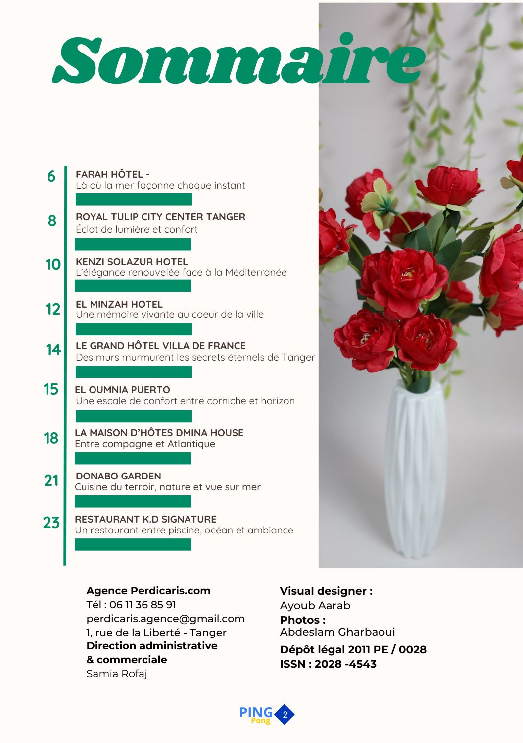 Sommaire du numéro de mai du guide Mon Livret du Nord du Maroc présentant les hôtels et restaurants à Tanger