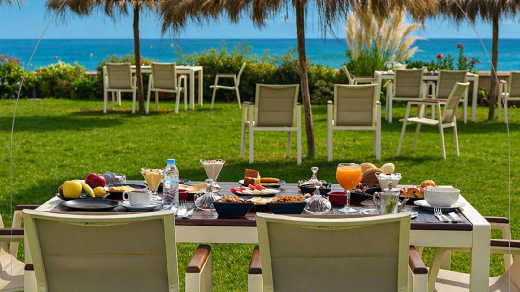 Table du restaurant de Playa Del Pacha dans le jardin en face de la mer 